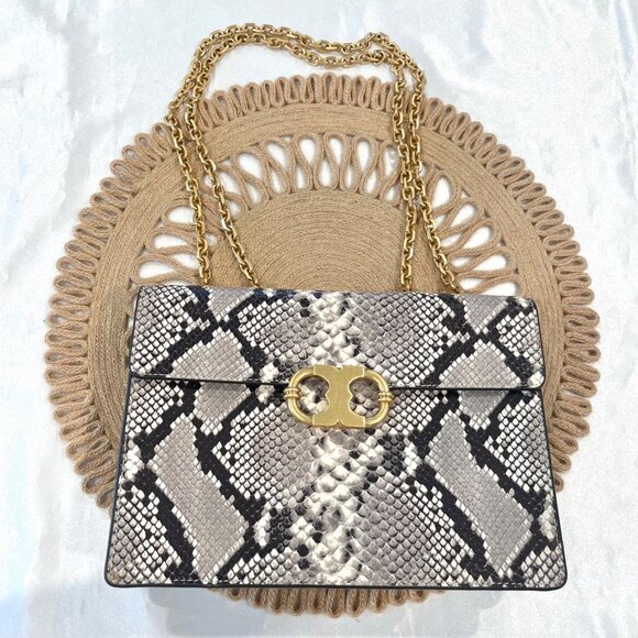 Tory Burch Gemini Link Chain Embossed Medium Shoulder Bag Natural Snakeskin - Picture 2 of 12